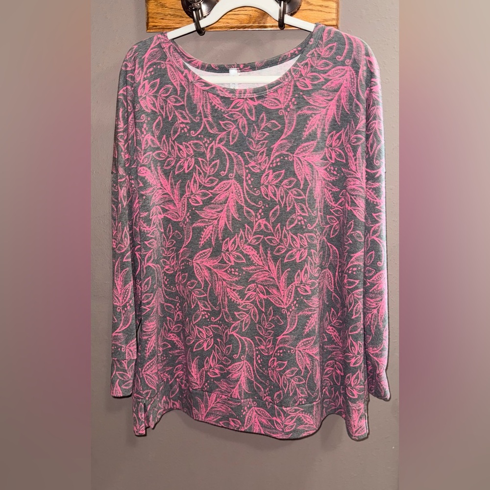 Floral Pink and Gray Long Sleeve Women's Top